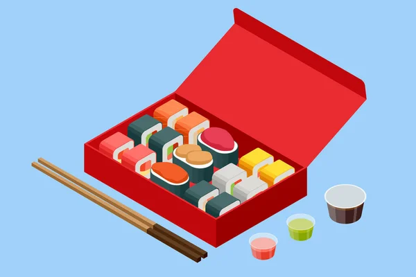 Isometrische sushi broodjes met zalm, avocado, roomkaas. Seafood set Geïsoleerde Rolls op Witte Achtergrond. Sushi Menu. Japans eten. — Stockvector