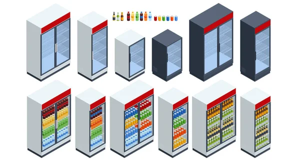 Isometrische koelkast in de supermarkt Verschillende soorten op witte achtergrond. Gekoelde planken. Glasdeur Vriezer — Stockvector