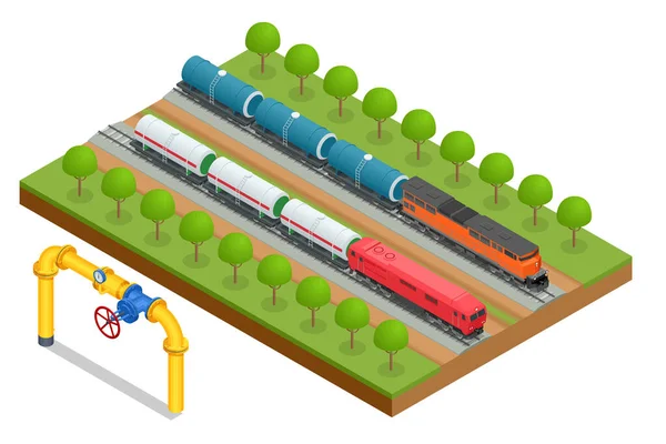 Izometrický transportní cisternový vůz LNG po železnici a benzinu. Ropný průmysl. Doprava cisternové vozy s olejem. — Stockový vektor