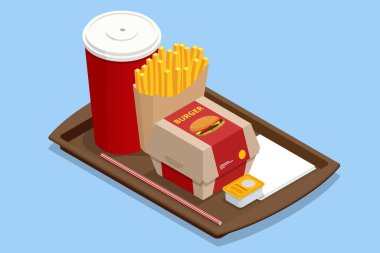 Isometric Hamburger meal served with french fries and soda on a tray. Fast food. Big single cheeseburger