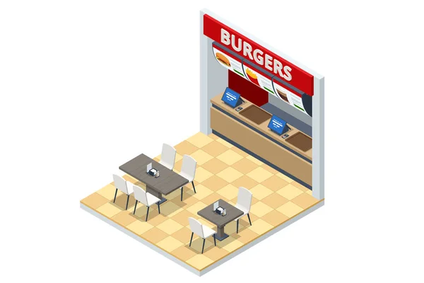 Pista de comida rápida isométrica Hamburguesas, Interior del restaurante, Hospitalidad, Centro comercial — Vector de stock