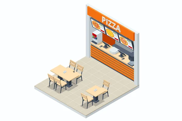 Isometrische Fast Food Court Pizza, Restaurant Innenraum, Food Court Pizza, Cafeteria — Stockvektor