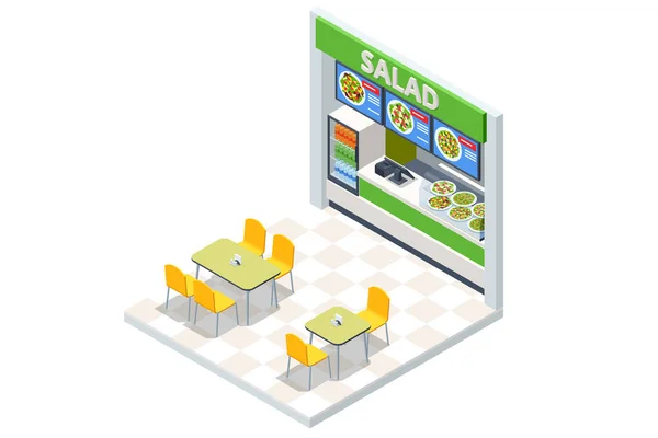 Isometric Fast Food Court Salad Bar, Fast Food Salad Bar, Restaurant Interior, Food Court, Cafeteria, Market Place Mall Food Stall, Kiosk — Wektor stockowy