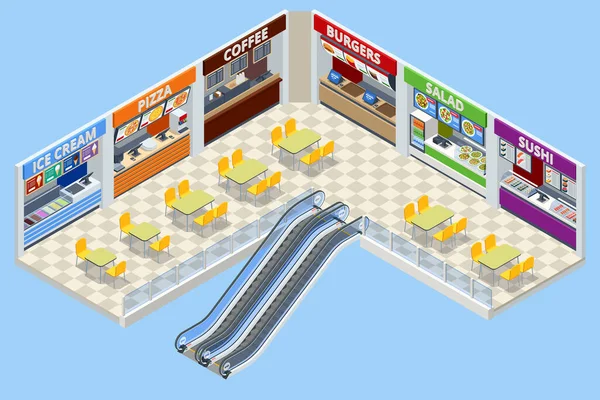 Fast Food Court. Isometric Sushi, Coffee, Ice Cream, Burgers, Salad and Pizza Place, Cafeteria, Restaurant Interior, Catering, Shopping Mall. — Vector de stock