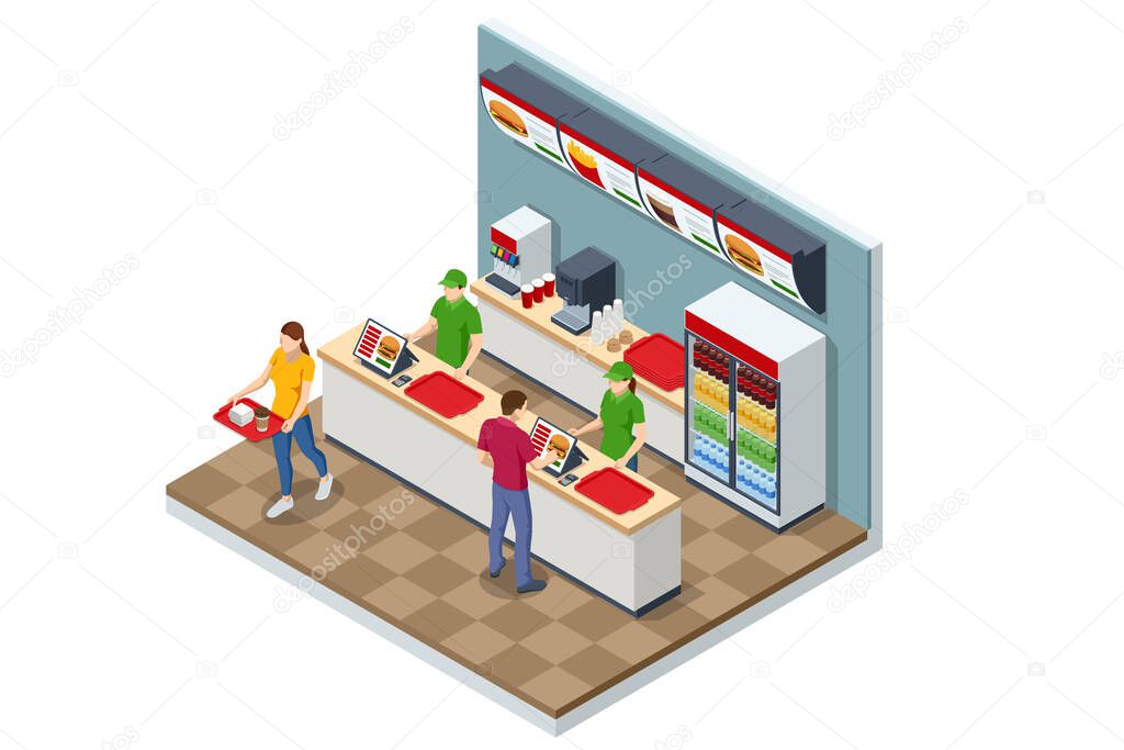 Isometric Fast Food Court Burger, Restaurant Interior, Catering, Shopping Mall, Fast Meal Sale Business, Takeaway Service