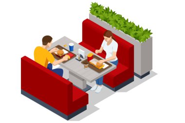 Isometric Fast Fast Court Burger, Restoran İçi, Yemek ve Alışveriş Merkezi. Büyük hamburger, çizburger ve kola yiyen bir çift.
