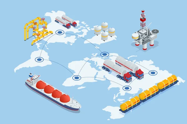 Isometric Tanker loading Liquefied Natural Gas at trading terminal. Transportation, delivery, transit of natural gas — Vetor de Stock