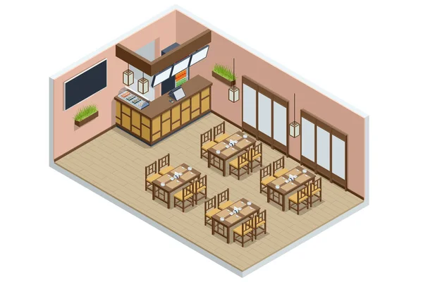 Isometric Fast Food Court Sushi, restaurante japonês de fast food. Restaurante Interior, Catering, Shopping — Vetor de Stock
