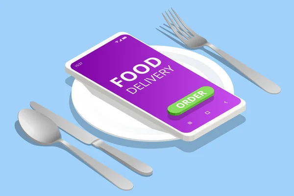 스마트폰으로 간단 한 패스트푸드 배달 앱을 만들 수있습니다. 오더 링은 스마트폰에서 음식을 빼앗아 간다. ( 영어 ) Food Mobile Booking, Restaurant and Cafe Food Online Ordering — 스톡 벡터