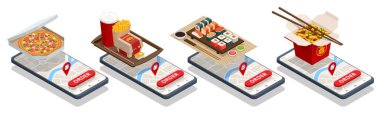 Isometric fast food delivery app on a smartphone. Ordering take away food online on a smartphone. Sushi, Coffee, Ice Cream, Burgers, Salad and Pizza
