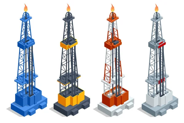 Isometric oil and gas production in nature concept. Gas flare at an oil refinery. Oil gas industry —  Vetores de Stock