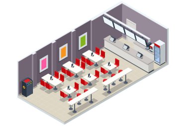 Fast Food Court. Isometric Coffee, Burgers, Salad and Pizza Place, Cafeteria, Restaurant Interior, Catering, Shopping Mall.