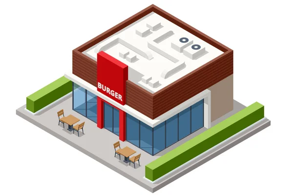 Façade isométrique du restaurant Fast Food Store. Restauration rapide bâtiment restaurant — Image vectorielle