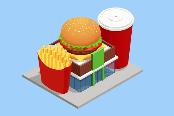 Isometric Facade of Fast Food Store Restaurant. Fast food restaurant building — 스톡 벡터