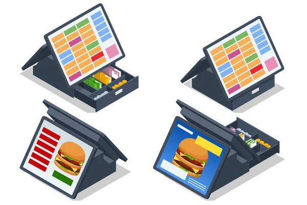 Isometric Fast food checkout terminal. Card payment terminal in fast food restaurant — стоковый вектор