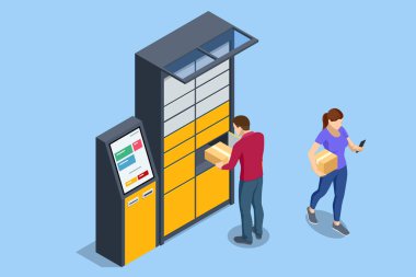 Isometric parcel locker. Postman and locker with digital panel for password. The chain of autonomous postal points for self-receipt and sending of postal parcels. Postal delivery, smart self-service