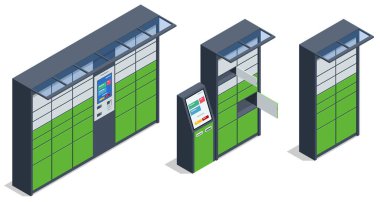 Isometric parcel locker. Postman and locker with digital panel for password. The chain of autonomous postal points for self-receipt and sending of postal parcels. Postal delivery, smart self-service