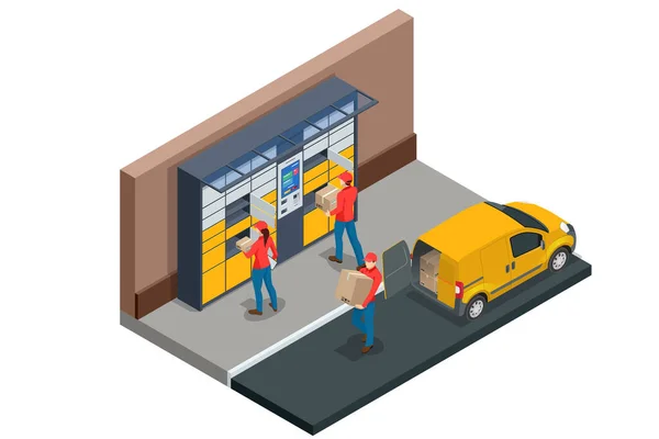 Isometrisches Paketschließfach. Postbote und Schließfach mit digitalem Panel für Passwort. Die Kette autonomer Poststellen für die Selbstannahme und den Versand von Postpaketen. Postzustellung, intelligente Selbstbedienung — Stockvektor