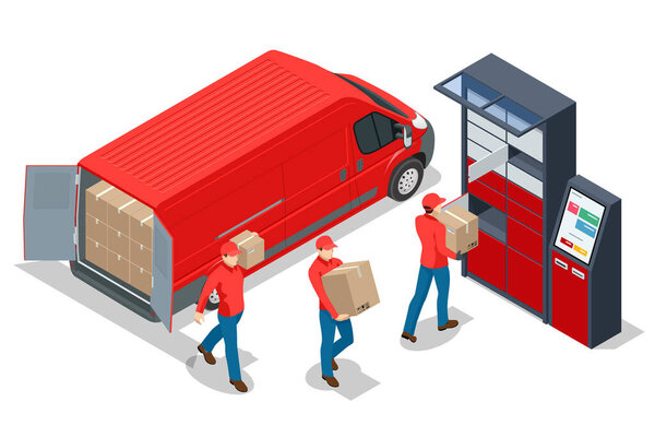 Isometric parcel locker. Postman and locker with digital panel for password. The chain of autonomous postal points for self-receipt and sending of postal parcels. Postal delivery, smart self-service