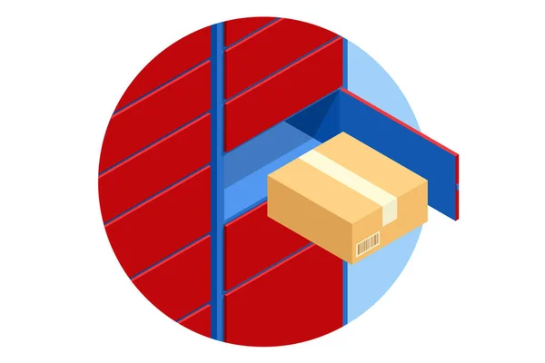 Isometric parcel locker. Postman and locker with digital panel for password. The chain of autonomous postal points for self-receipt and sending of postal parcels. Postal delivery, smart self-service — Image vectorielle