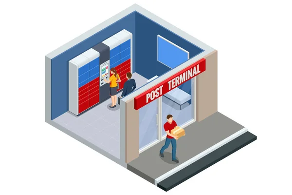 Isometric parcel locker. Postman and locker with digital panel for password. The chain of autonomous postal points for self-receipt and sending of postal parcels. Postal delivery, smart self-service —  Vetores de Stock