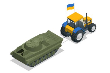 Ukrayna bayrağı taşıyan Isome traktörü Rus BMP veya tankı çekiyor. Savaşta Ukraynalı. Saldırgan olan Rusya..
