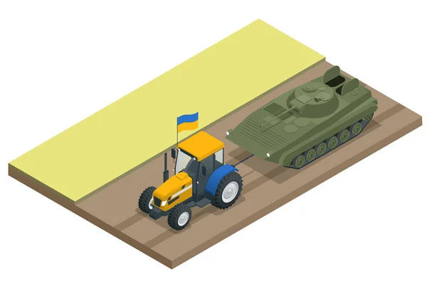 Tracteur isométrique avec drapeau ukrainien tire un BMP russe ou un réservoir. Ukrainien en guerre. La Russie est l'agresseur. — Image vectorielle