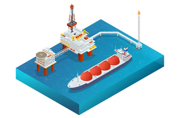 Isometric Large Offshore oil rig drilling platform. Platform for production oil and gas, Oil and gas industry and hard work. — Stockvector