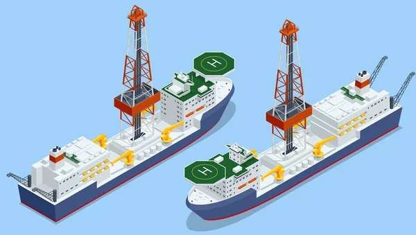 Perforación isométrica de aguas profundas para la industria de producción de petróleo y gas, petróleo y gas. Plataforma de perforación flotante en el océano — Vector de stock