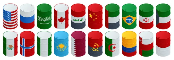 Isometric Organization of the Petroleum Exporting Countries, OPEC. Oil production. Oil barrels in color of flags of countries memebers of OPEC — стоковий вектор