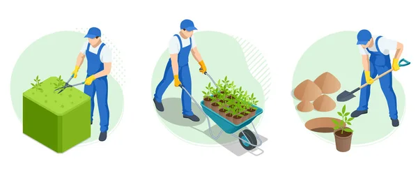 İzometrik tarım işi. Isome bahçıvanı çalı üzerinde çalışır, fazla izin alır. Bahçıvan kesiyor ve yeşil çalıları düzenliyor. Elinde fidanlı el arabası olan bir çiftçi.. — Stok Vektör