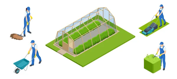 Isometric gardeners, farmers and workers caring for the garden, growing agricultural products. Rows of plants growing inside big industrial greenhouse. Industrial agriculture. — Stock Vector