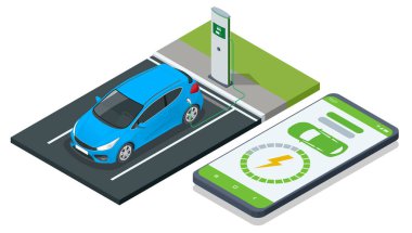 Mobil uygulama ekran şarj durumu olan elektrikli araba için Isometric EV şarj istasyonu. Şarj aleti. Elektromobil şarj istasyonu.