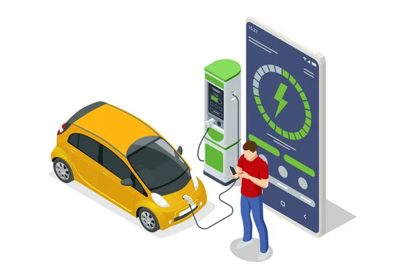 Application Isometric EV station de chargeur sur mobile. Chargeur de voiture. Borne de recharge électromobile. — Image vectorielle