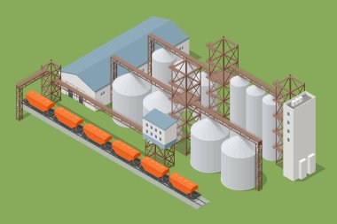 Isometric Grain asansör siloları. Nakliye için tahıl yüklü yük treni, tarım ürünlerinin transferi.