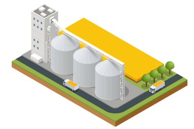 Isometric Grain asansör siloları. Tarım ürünlerinin transferi. Mısır kurutucu siloları, iç tahıl terminali. Bir tarlada duran tahıl asansörleri.