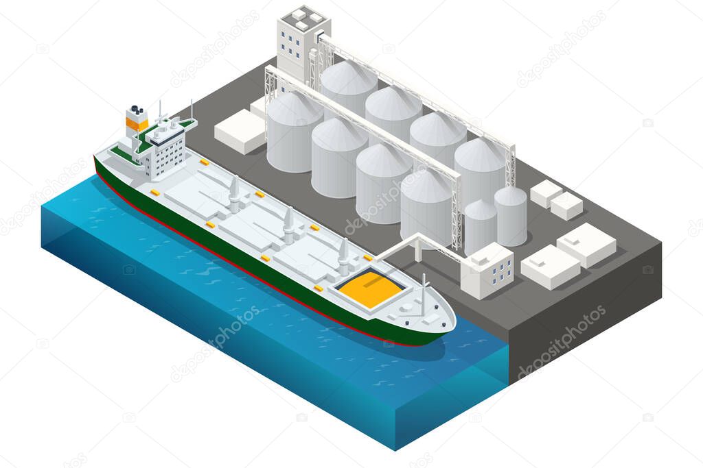 Isometric Grain terminal at seaport. Loading grain crops on bulk ship from large elevators. Transrportation of agricultural products. Dry cargo ships. Export wheat trade