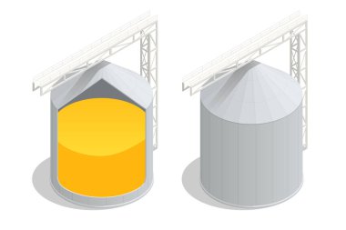 Bilgi grafikleri için silindirik bir tahıl ambarının Isometric bölümü. Buğday ticareti. Tahıl toplama deposu.