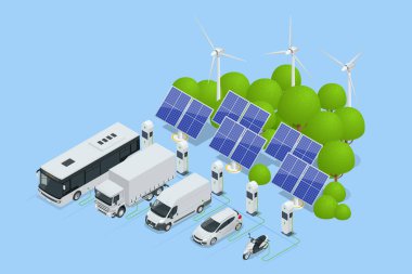 Isometric araba şarj aleti. Elektromobil şarj istasyonu. Araba, otobüs, kamyon, minibüs, motosiklet, ağ şebekesinde yenilenebilir güneş rüzgârı enerjisi