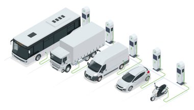 Isometric araba şarj aleti. Elektromobil şarj istasyonu. Araba, otobüs, kamyon, minibüs, motosiklet, ağ şebekesinde yenilenebilir güneş rüzgârı enerjisi