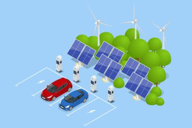 Isometric araba şarj aleti. Elektromobil şarj istasyonu. Caron yenilenebilir güneş enerjisi ağ ağında