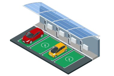 Isometric araba şarj aleti. Elektromobil şarj istasyonu. Caron yenilenebilir güneş enerjisi ağ ağında