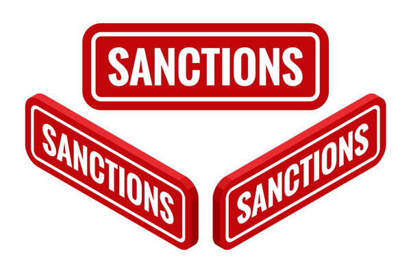 Изометрический красный резиновый отпечаток текста санкций с грязной текстурой. Печать санкций.