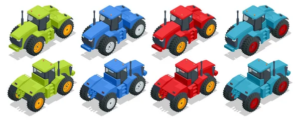 Izometrický Velký Zemědělský Traktor Izolovaný Bílém Předním Zadním Pohledu Slouží — Stockový vektor