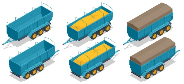 Isometric Grain Hopper Trailer Polotraktor Používá Přepravě Volně Ložených Komoditních — Stockový vektor