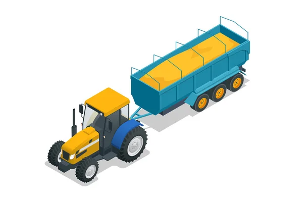 Izometrikus Mezőgazdasági Traktor Gabona Hopper Pótkocsival Félpótkocsi Ömlesztett Áru Szállítására — Stock Vector