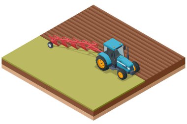 Baharda tarlayı süren Isometric Tarım. Tarımsal traktörde çiftçi. Traktör tarlası.