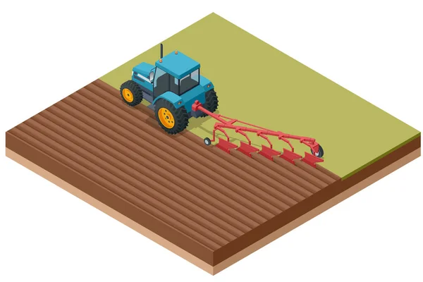 Isometrische Landwirtschaft Pflügt Das Feld Frühjahr Landwirt Mit Landwirtschaftlichem Traktor — Stockvektor