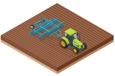 Isome Tarımsal Tarım Üreticisi. Tarımcı, ikincil tarlalarda kullanılan bir tarım ekipmanıdır. Traktör tohum ekiciyle toprağı hazırlıyor..