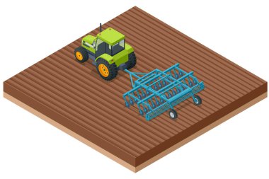 Isome Tarımsal Tarım Üreticisi. Tarımcı, ikincil tarlalarda kullanılan bir tarım ekipmanıdır. Traktör tohum ekiciyle toprağı hazırlıyor..